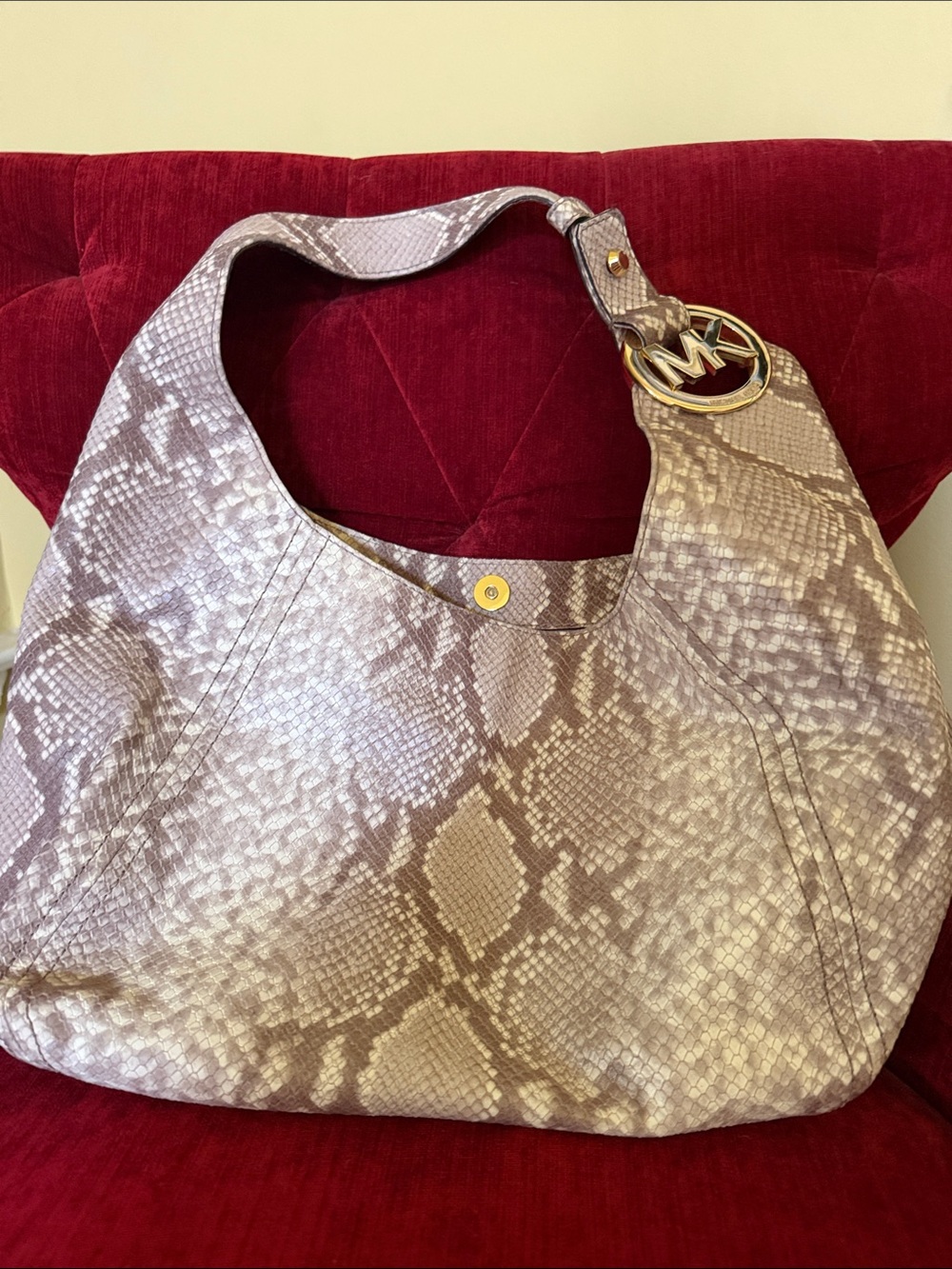 Michael Kors Python-Effect Shoulder Hobo in Taupe